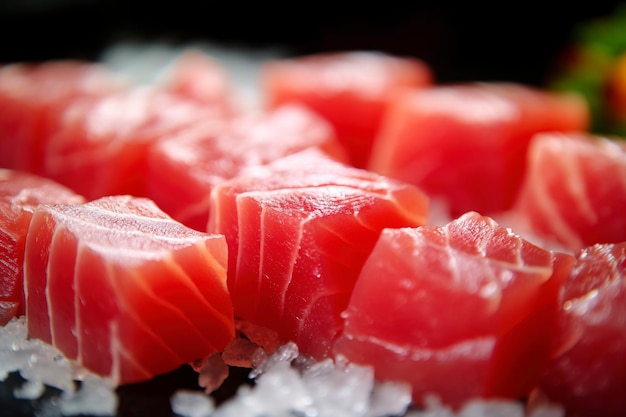 Tuńczyk sashimi szczegóły makro Ai wygenerowane