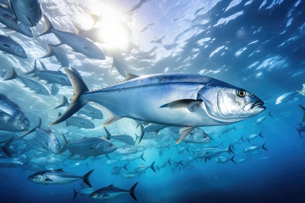 Tuńczyk w błękitnym oceanie Podwodny świat Renderowanie 3d Duża ławica Trevally w ciemnoniebieskim tropikalnym oceanie AI Generated