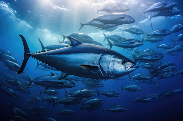 Tuńczyk w ciemnoniebieskim oceanie z promieniami słońca Tuńczyk znany również jako tuńczyk Duża ławica tuńczyka w ciemnoniebieskim oceanie Filipiny AI Generated