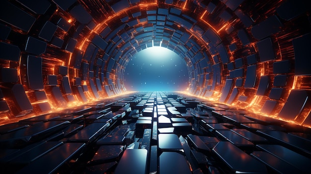 Tunel metra w cyberprzestrzeni z korytarzem Scifi Cyberpunk i wygenerowaną sztuczną inteligencją Copy Space