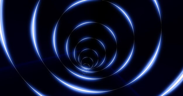Tunel okrągłych niebieskich świecących jasnych pierścieni neonowych Abstrakcyjne tło