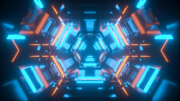 Tunel Technologiczny Z Niebieskim I Pomarańczowym Neonowym Blaskiem Korytarza Statku Kosmicznego Renderowania 3d