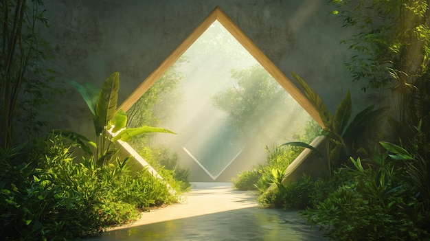 Tunel w kształcie diamentu z wypełnioną roślinnością, wysunięte kształty, realistyczne przedstawienie lekkiej, zrównoważonej architektury