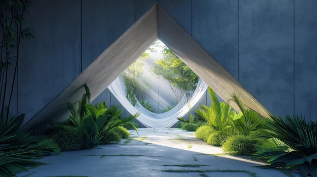 Tunel w kształcie diamentu z wypełnioną roślinnością, wysunięte kształty, realistyczne przedstawienie lekkiej, zrównoważonej architektury