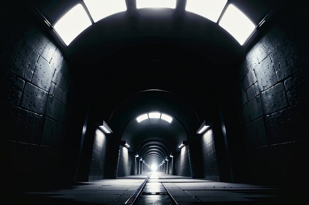 Tunel w podziemnym korytarzu długo i daleko z światłami czarno-białego stylu strzelanina scena