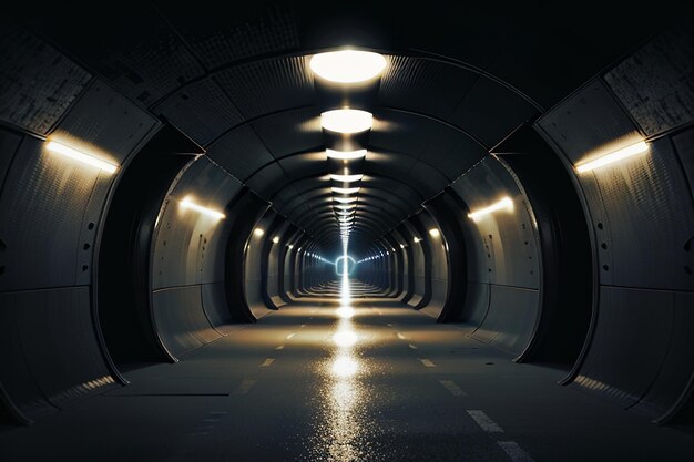 Zdjęcie tunel w podziemnym korytarzu długo i daleko z światłami czarno-białego stylu strzelanina scena