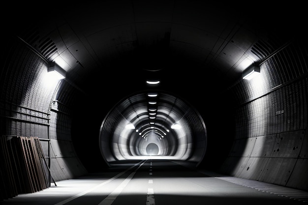 Tunel w podziemnym korytarzu długo i daleko z światłami czarno-białego stylu strzelanina scena