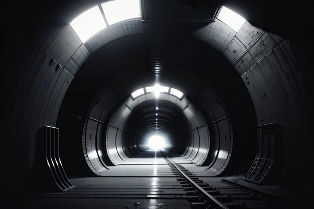 Zdjęcie tunel w podziemnym korytarzu długo i daleko z światłami czarno-białego stylu strzelanina scena