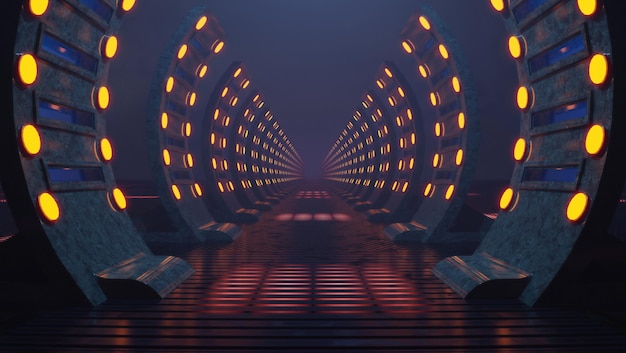 Tunel Z Płyt Sci Fi Futuristic Fantasy Strange Alien Structure Z Pomarańczowym światłem Mgła