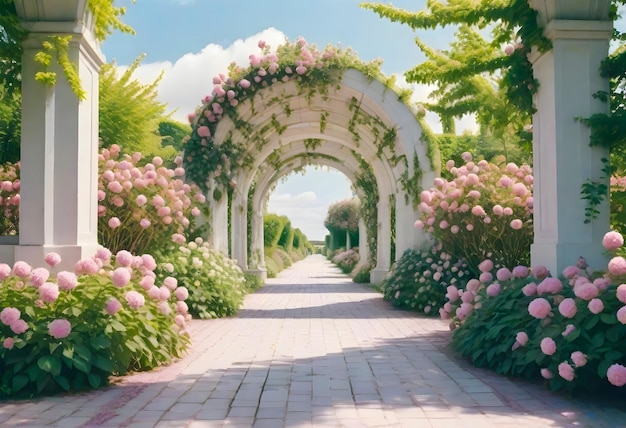 Tunel z różami otoczony jest zielenią.