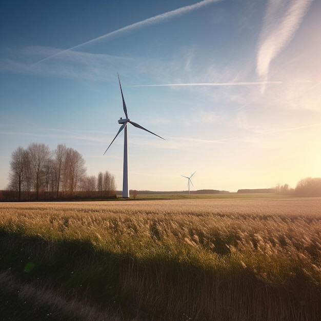 Turbina wiatrowa jest pośrodku pola pszenicy.