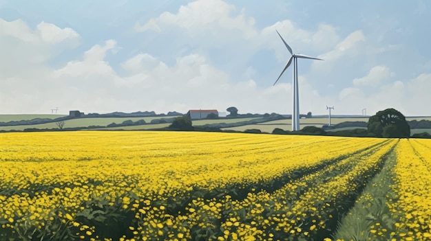 Turbina wiatrowa w polu żółtego kwiatu Energia alternatywna Generative AI