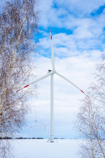 Zdjęcie turbina wiatrowa w śnieżnym krajobrazie z wczesną zimową poranną mgłą