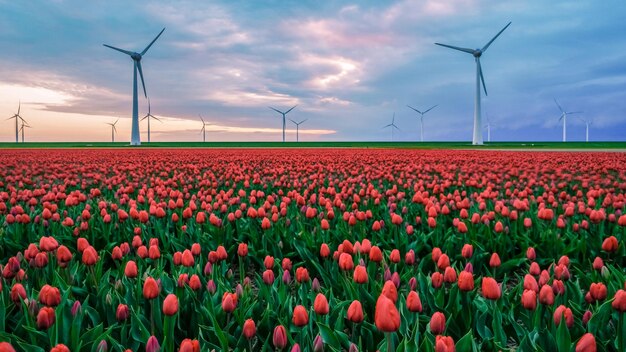 Zdjęcie turbiny wiatraków z błękitnym niebem i kolorowymi polami tulipanów w flevoland holandia