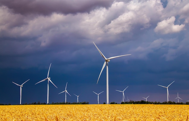 Zdjęcie turbiny wiatrowe i pole uprawne w letni pochmurny dzień produkcja energii czysta i odnawialna energia