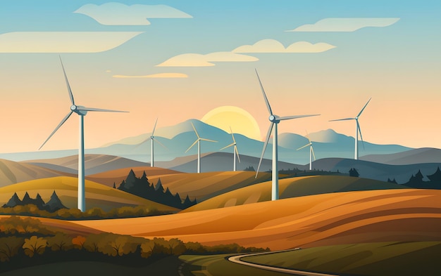 turbiny wiatrowe na tle ilustracji zachodu słońca