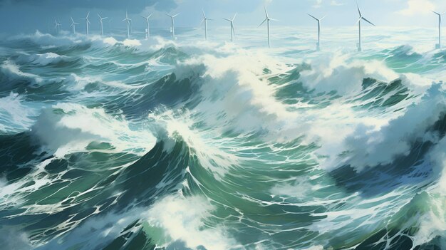 Turbiny wiatrowe na wzburzonym morzu Burza na morzu Aigenerated