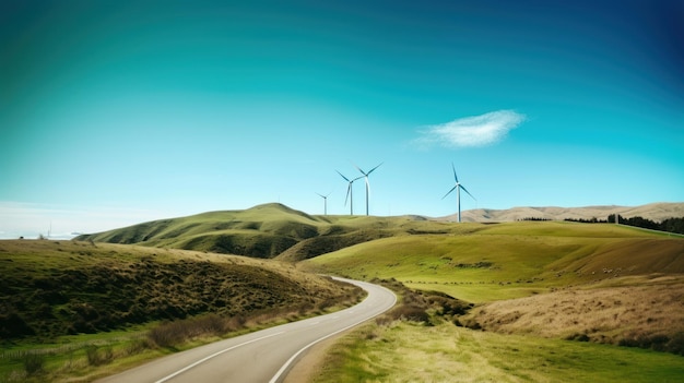 Turbiny wiatrowe na wzgórzu zielone alternatywne źródła energii Generative AI