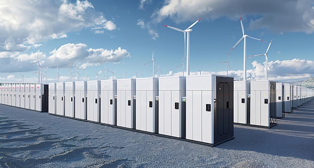 Turbiny wiatrowe obracają swoją energię przechowywaną w masywnych bankach baterii, aby zapewnić zrównoważoną energię podczas