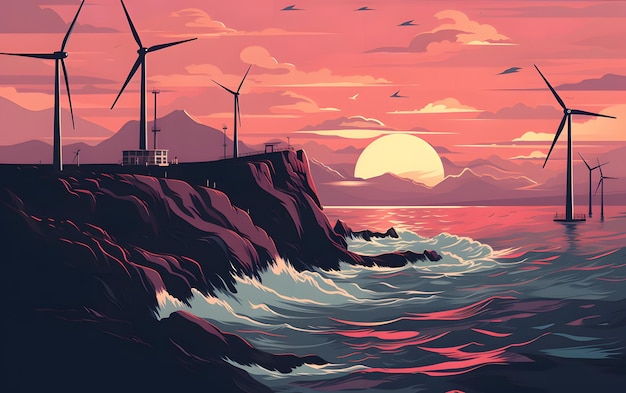 Turbiny wiatrowe przy zachodzie słońca ilustracja tło