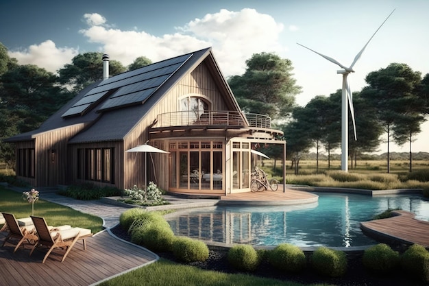 Zdjęcie turbiny wiatrowe w pobliżu dwupiętrowego domu z panelami słonecznymi generacyjna sztuczna inteligencja