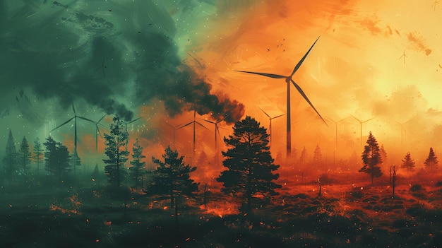 Turbiny wiatrowe w pożarze lasu emitujące dym do atmosfery