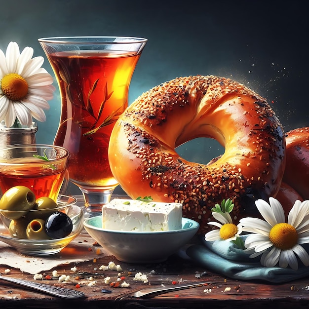 Turecka herbata Simit z serem i oliwkami Malarstwo martwej natury
