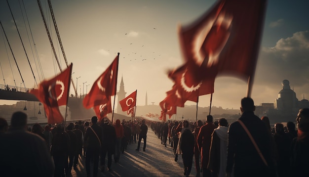 Turecka młodzież świętuje dzień niepodległości z tureckimi flagami na moście nad Bosforem