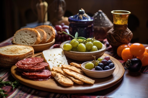 Zdjęcie tureckie śniadanie z oliwkami, serem i chlebem