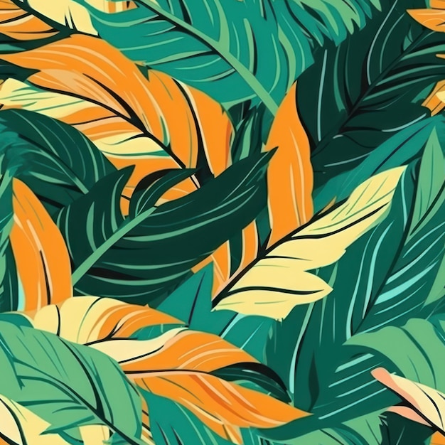 Turkusowy i pomarańczowy zielony tropikalne liście tło wzór