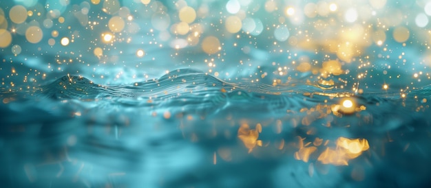 Zdjęcie turkusowy niebieski z złotymi światłami abstrakcyjny tło wodne