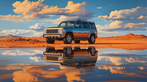 Zdjęcie turquoise reflection tonalist-inspirowany 4x4 suv z groovy amerykańskiej ikonografii