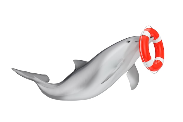 Tursiops Truncatus Ocean lub delfin butlonos morski z boja ratunkowa na białym tle. Renderowanie 3D