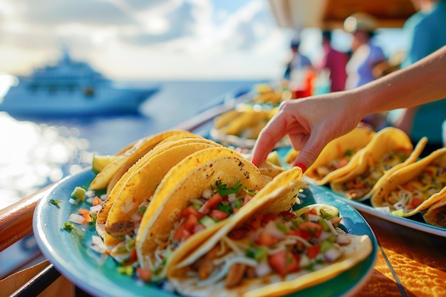 Turyści jedzący pyszne tradycyjne meksykańskie street food tacos na rejsie