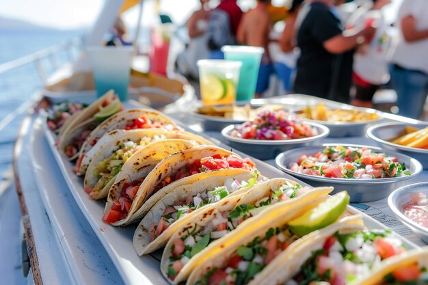 Turyści jedzący pyszne tradycyjne meksykańskie street food tacos na rejsie