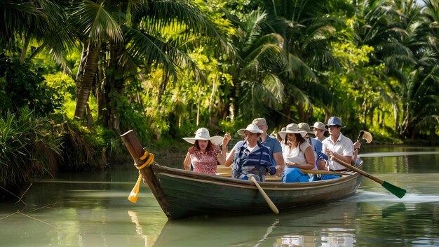 Turyści jeżdżą łodzią do wioski Ban Rak Thai w prowincji Mae Hong Son w Tajlandii