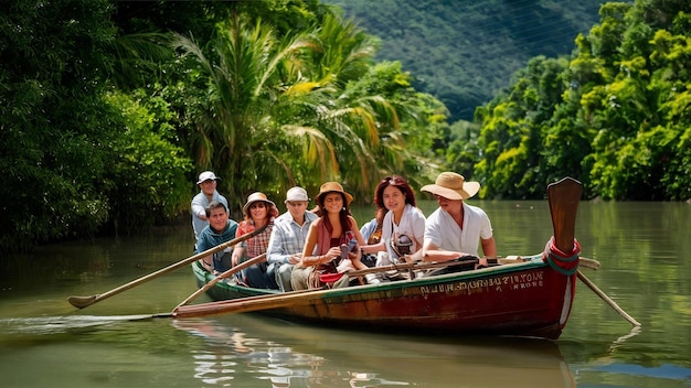 Turyści jeżdżą łodzią do wioski Ban Rak Thai w prowincji Mae Hong Son w Tajlandii