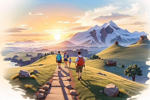 Zdjęcie turyści wchodzą na wzgórze przy wschodzie słońca.