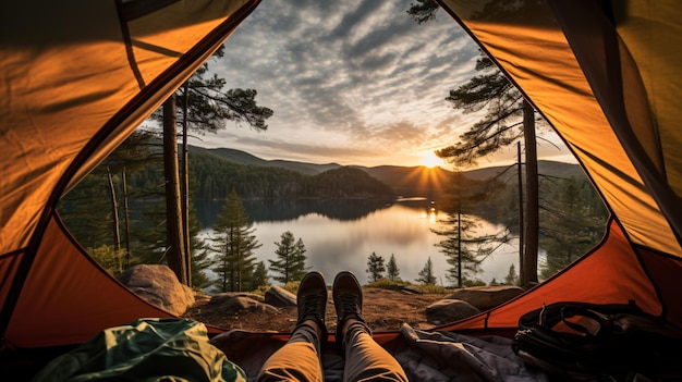Turysta leżący w swoim namiocie z widokiem na jezioro