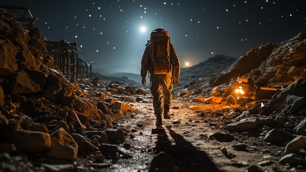 Zdjęcie turysta na plecach badający nocny i pustynny krajobraz