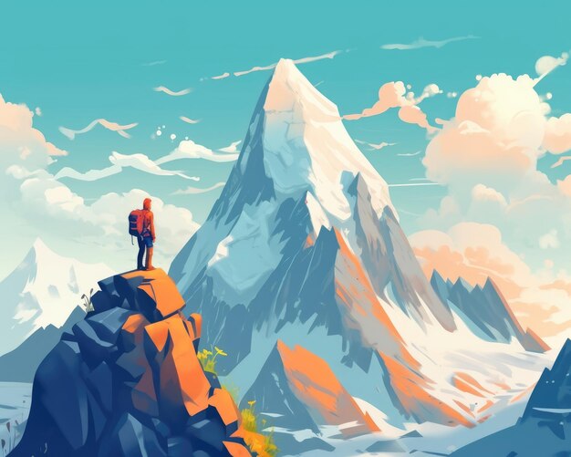 Turysta na szczycie góry Ilustracja Generatywna sztuczna inteligencja
