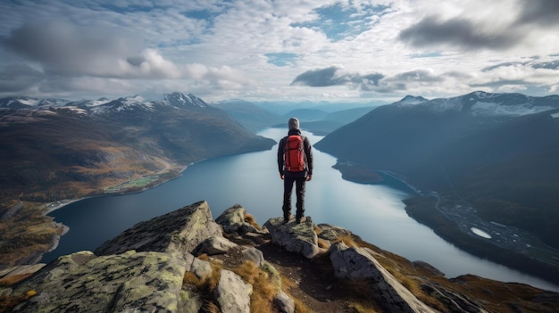 Turysta na szczycie góry z widokiem na fiord norweski Generative ai