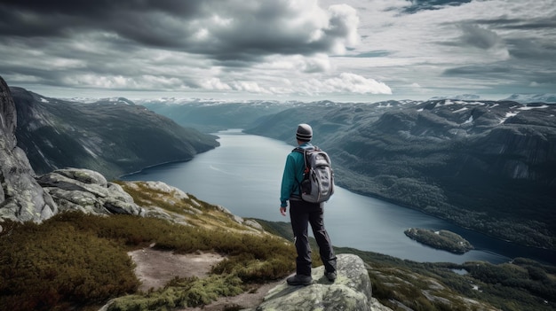 Turysta na szczycie góry z widokiem na fiord norweski Generative ai