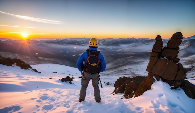 Turysta na szczycie zaśnieżonej góry o zachodzie słońca Sporty ekstremalne
