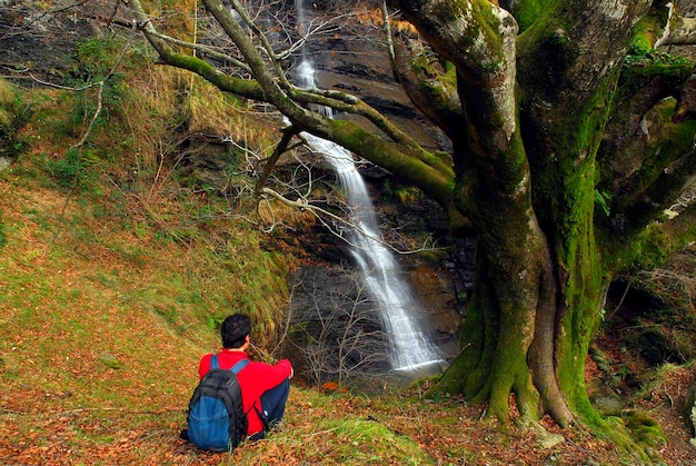 Turysta Obserwuje Wodospad Uguna. Park Przyrody Gorbeia. Kraj Basków. Hiszpania