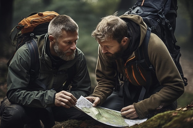 Zdjęcie turysta płci męskiej patrzący na mapę do uprawiania turystyki pieszej i wspinaczki górskiej