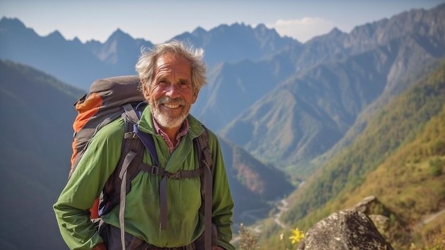 Turysta pozuje przed pasmem górskim podczas przygody i wędrówki emerytalnej GENERUJ SI