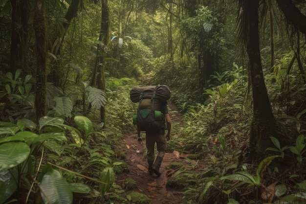 Turysta trekking przez gęsty las deszczowy z plecakiem pełnym zapasów