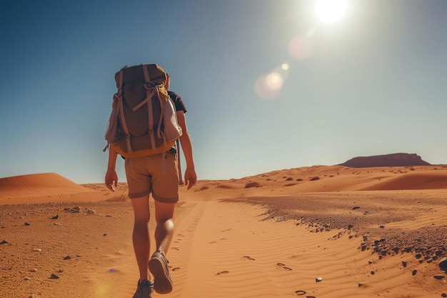 Turysta z plecakiem idący pod gorącym pustynnym słońcem