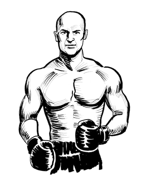 Tuszem czarno-biały rysunek sportowca w rękawicach bokserskich